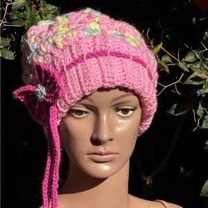 Bright Pink Knitted Hat with bow and Chunky Knit